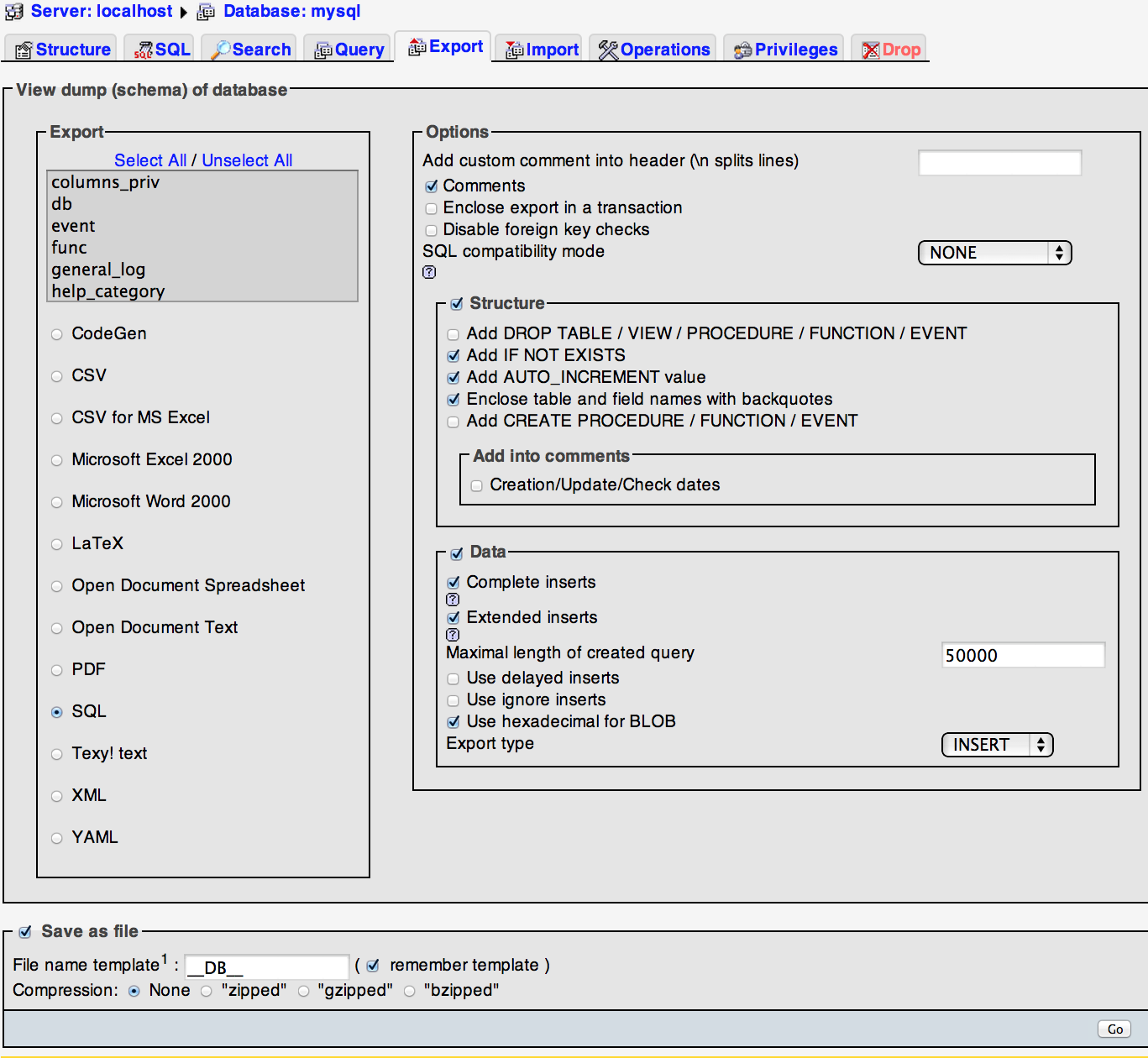 Export Database Tab